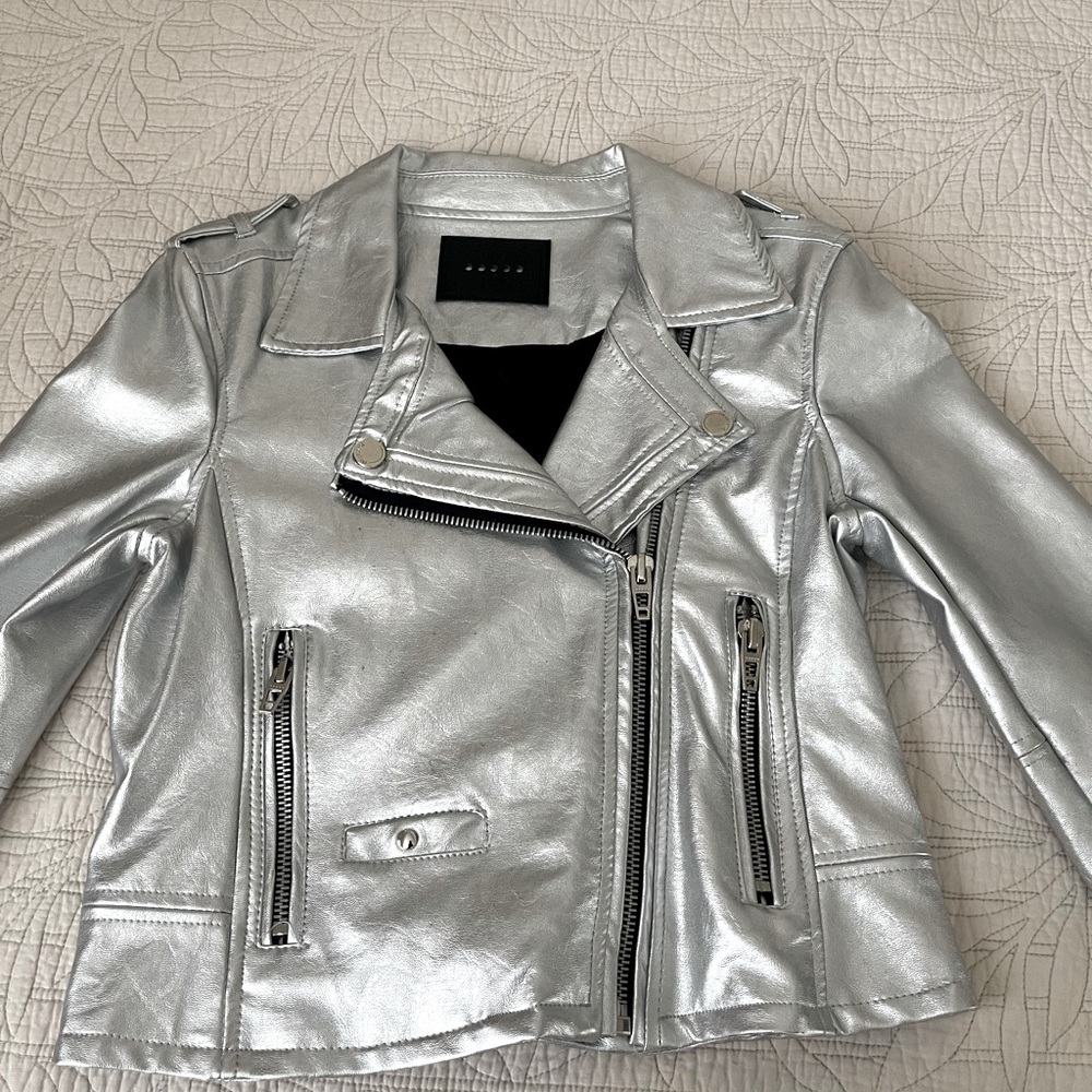 Silver Metallic  vegan leather motorcycle jacket. Small size